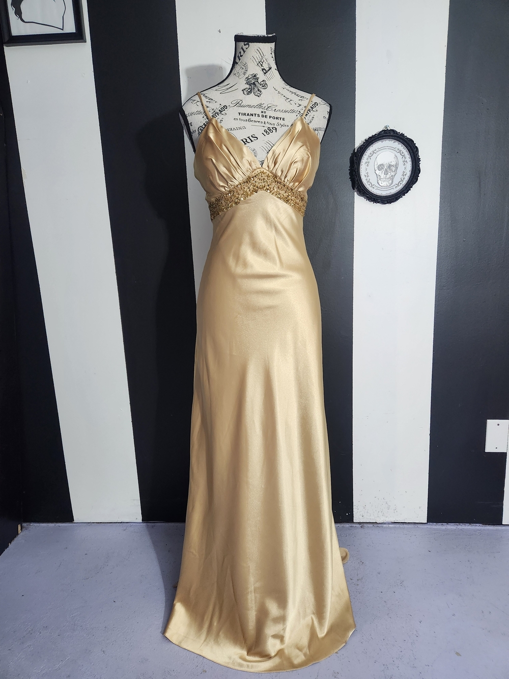 Vintage Gold Satin Maxi Dress with Embellished Empire Waist